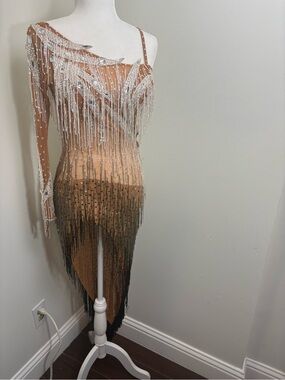 Latin Ballroom Competition Dress Black White Beaded Fringe Small